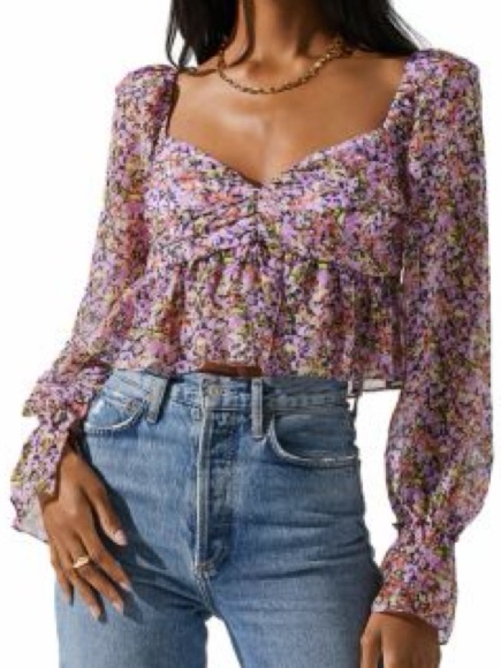NEW ASTR Luann Lavender Floral Puff Sleeve Ruffle Peplum Crop Top Women’s XS
